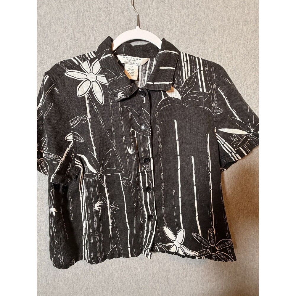 John Paul Richard Petite LP Linen Blend Button Up Shirt Black White Floral